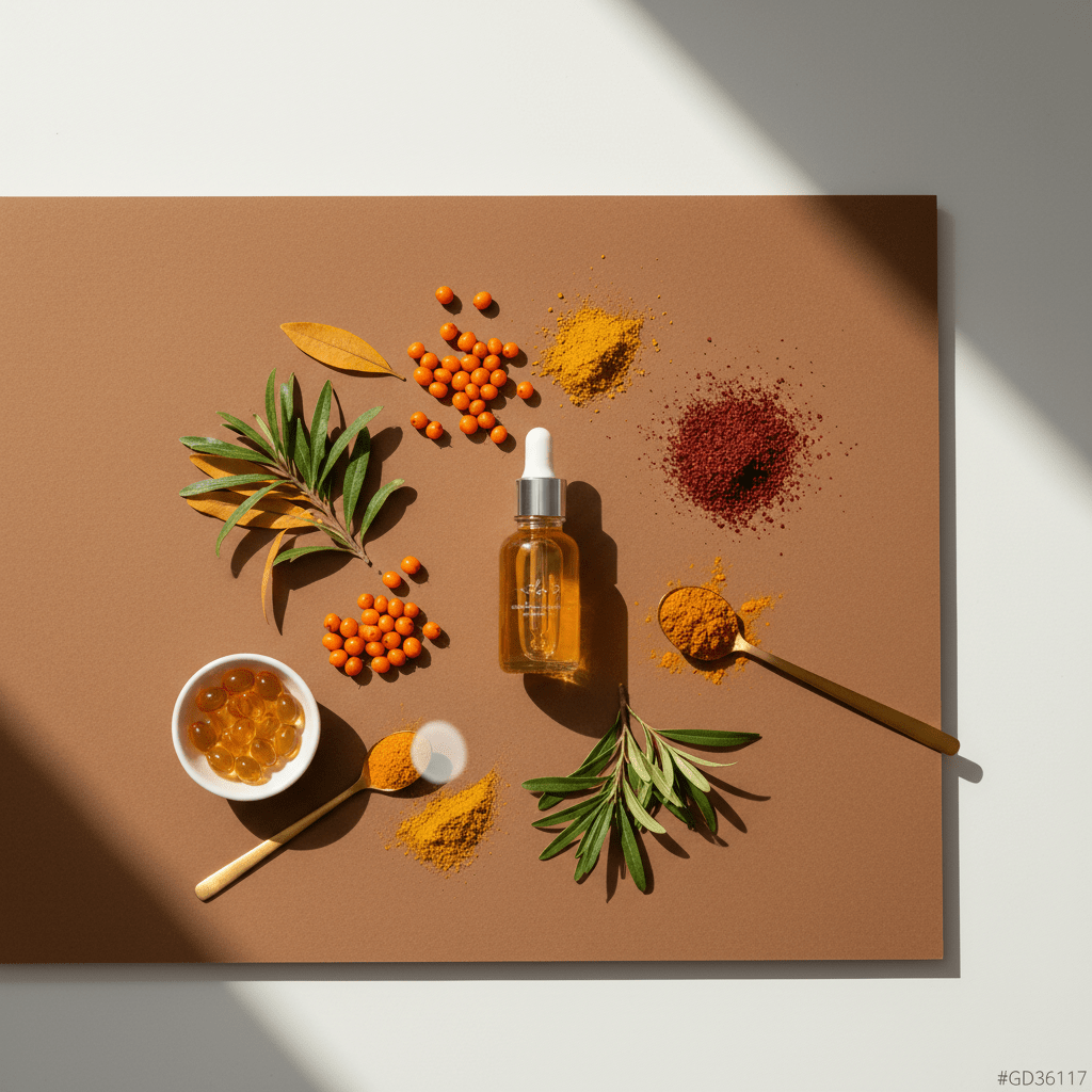 Sea buckthorn berries, leaves, and vitamin-rich botanical ingredients on a clean workspace