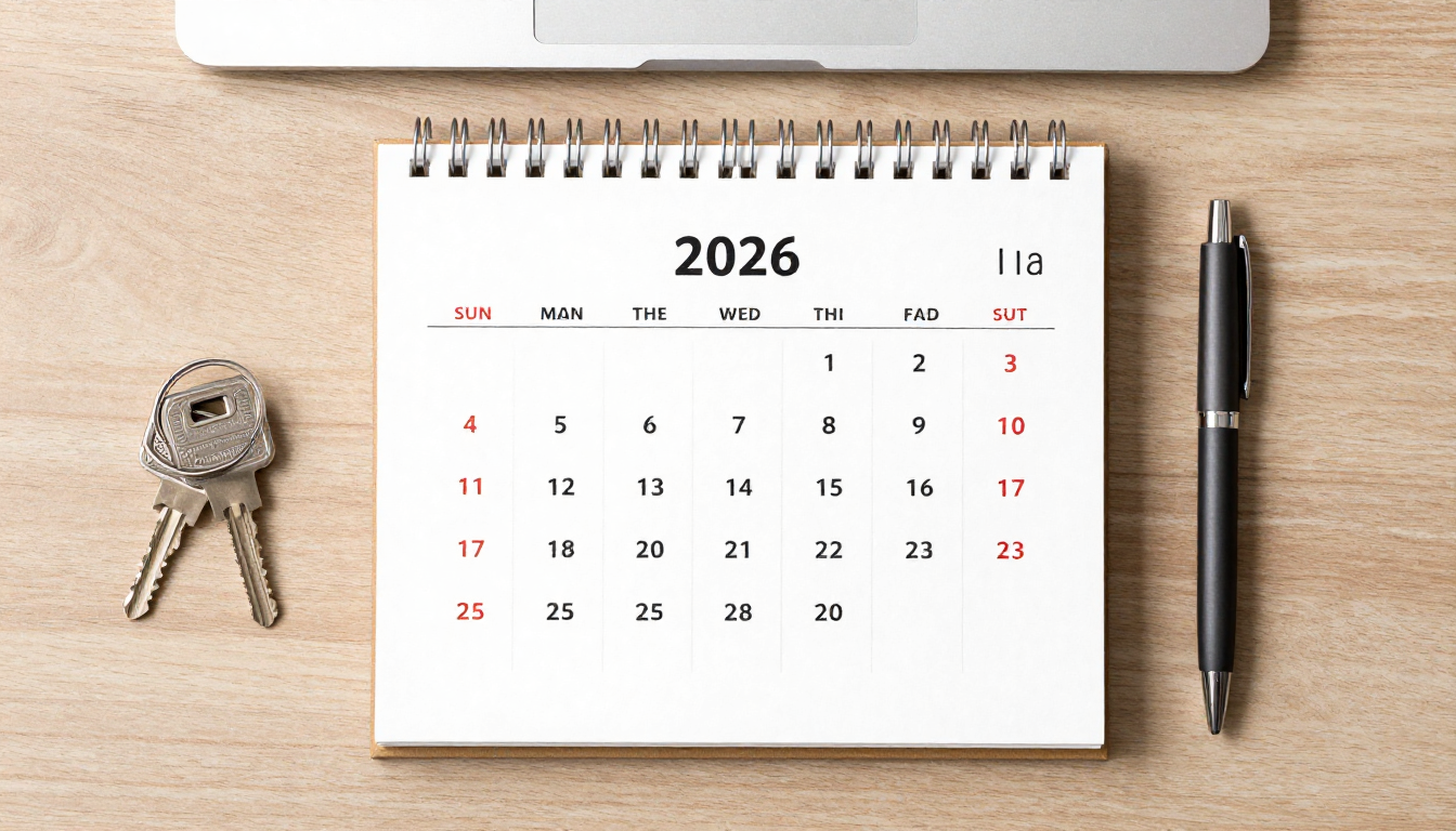 2026 청약 제도 변경사항 한눈에 정리 – 신생아 특공·통장 전환 마감 일정 1 2026년 달력과 집 열쇠, 펜이 놓인 책상 위 모습이 담긴 평면도 사진입니다.