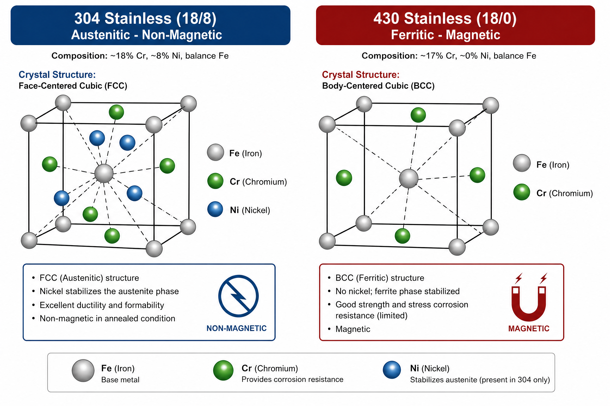 304 vs 430 stainless steel crystal structure diagram - austenitic nickel-containing 304 versus ferritic nickel-free 430 - cookware grade comparison
