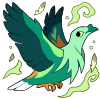 A green and orange nicobar pigeon mid-flight while surrounded by a wind aura.