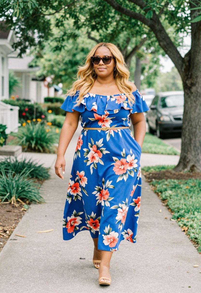 Plus size woman in cobalt blue off-shoulder floral maxi dress with gold belt on a sidewalk
