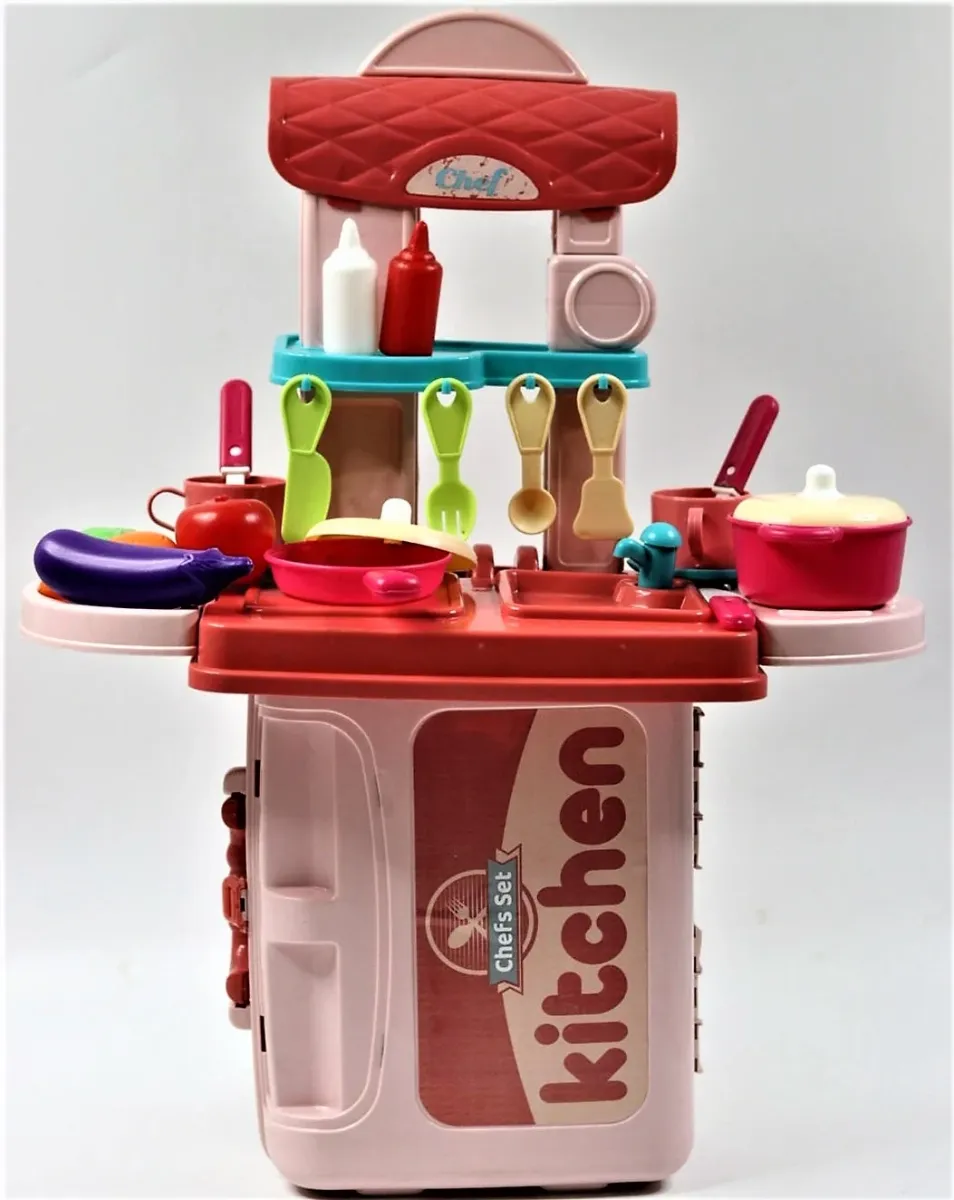 3 in 1 Pretend to Play Little Chef's Plastic Kitchen Set with Portable Suitcase Design (19 Pieces, Multicolor) - ToyMall Manjeri