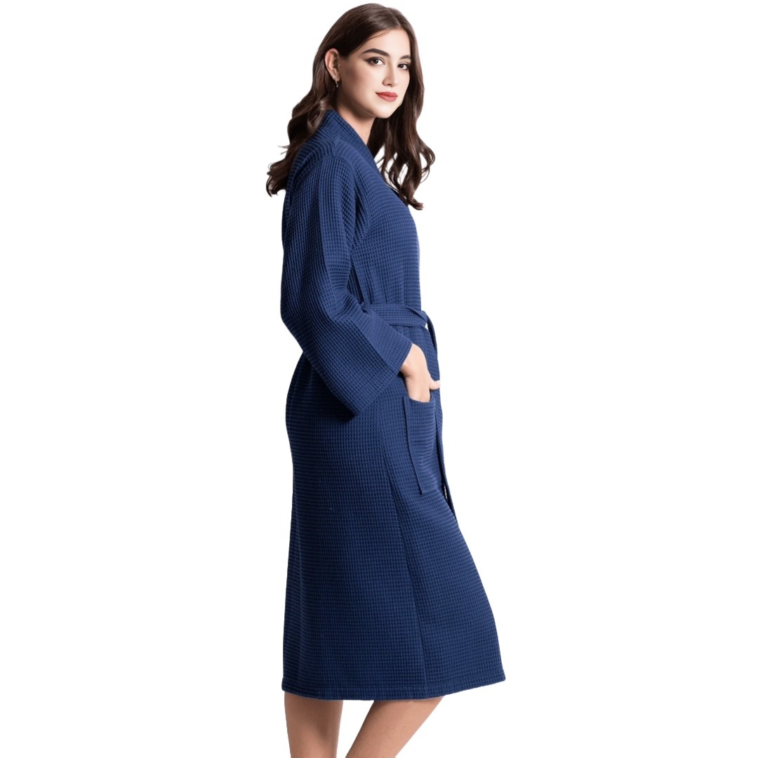 Women's Waffle Indigo Long Premium Cotton Blend Bathrobe (Small) view 3