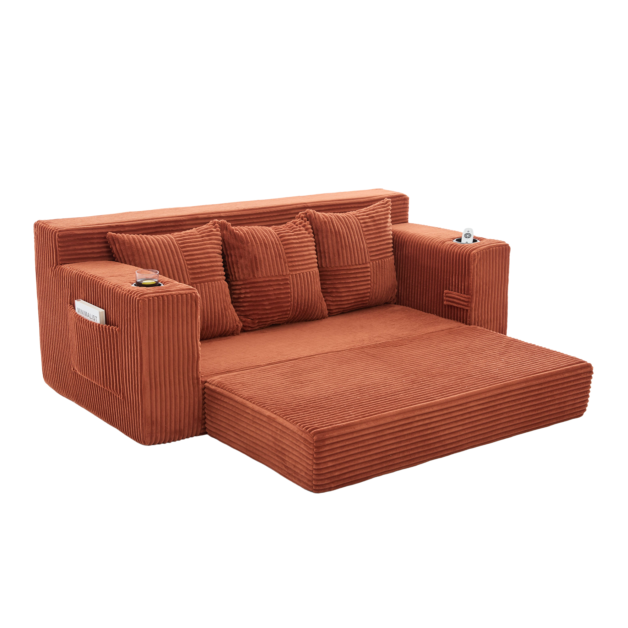 Canapé convertible orange sur fond blanc