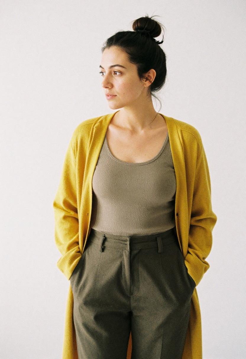 Mustard yellow longline cardigan over olive trousers creative office style