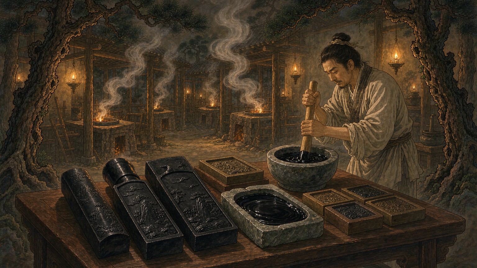 古代制墨作坊场景