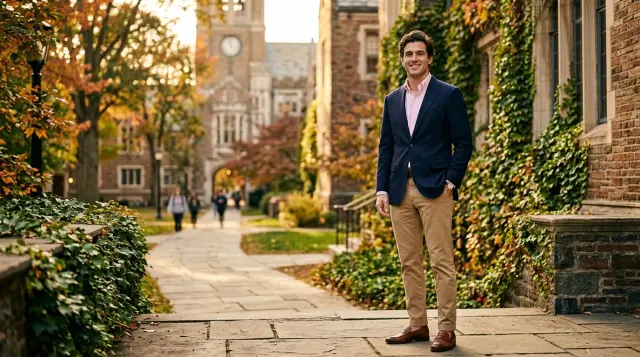 Stylish man in navy blazer and khakis on sunlit ivy-league campus walkway