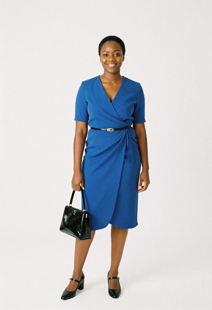 Cobalt blue wrap dress with black Mary Janes for bold professional polish