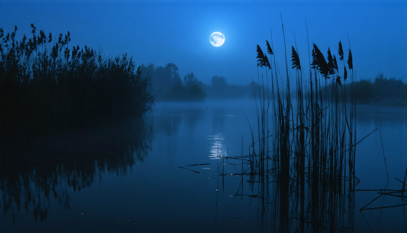 A dark river at night with a faint path of moonlight across the surface, reeds along the near bank.