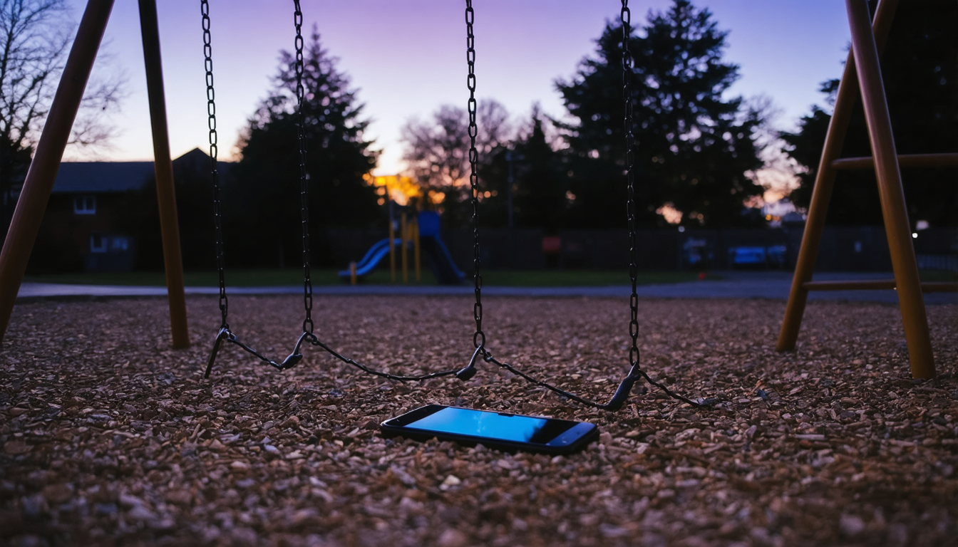 An empty playground at dusk with a single phone screen glowing on a bench, no people visible.