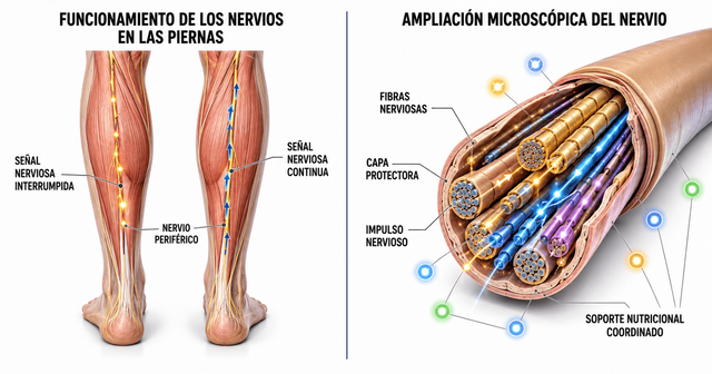 Ilustración anatómica del funcionamiento de nervios periféricos y soporte nutricional coordinado