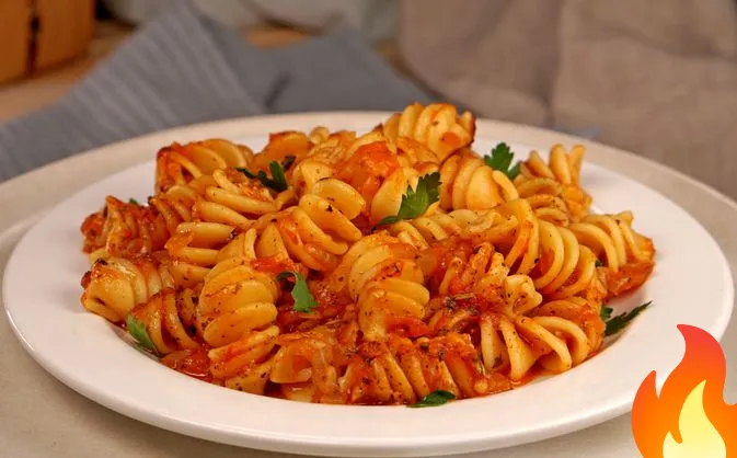 Постер Макароны в томатном соусе, на сковороде