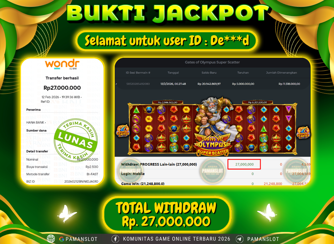 PAMANSLOT JACKPOT Game PP - Gates Of Olympus Super Scatter Rp.27,000,000- LUNAS