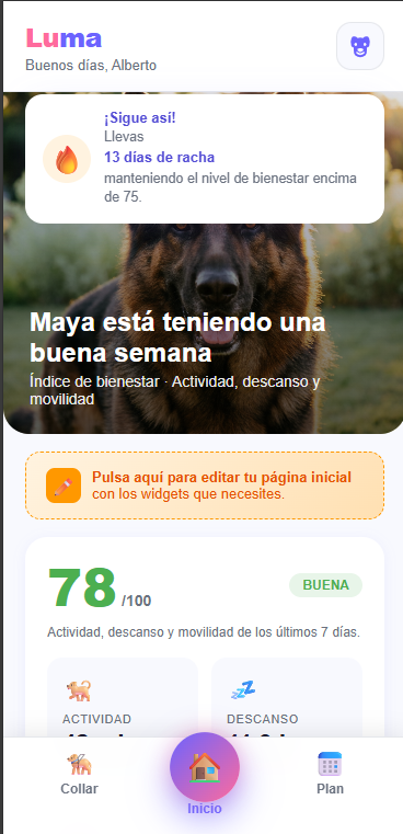 Pantalla de inicio de Luma mostrando el índice de bienestar de Luna