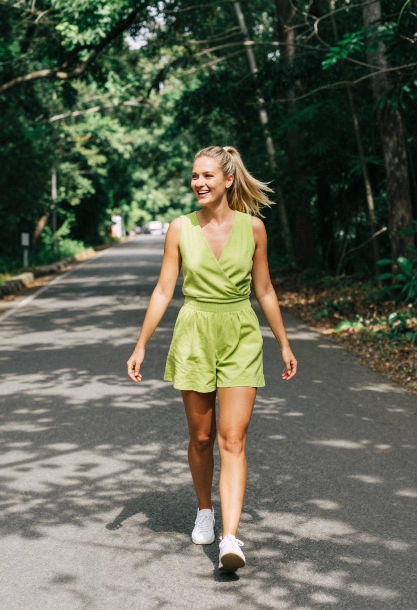 Lime green wrap romper worn mid-stride on tree-lined path for playful spring energy