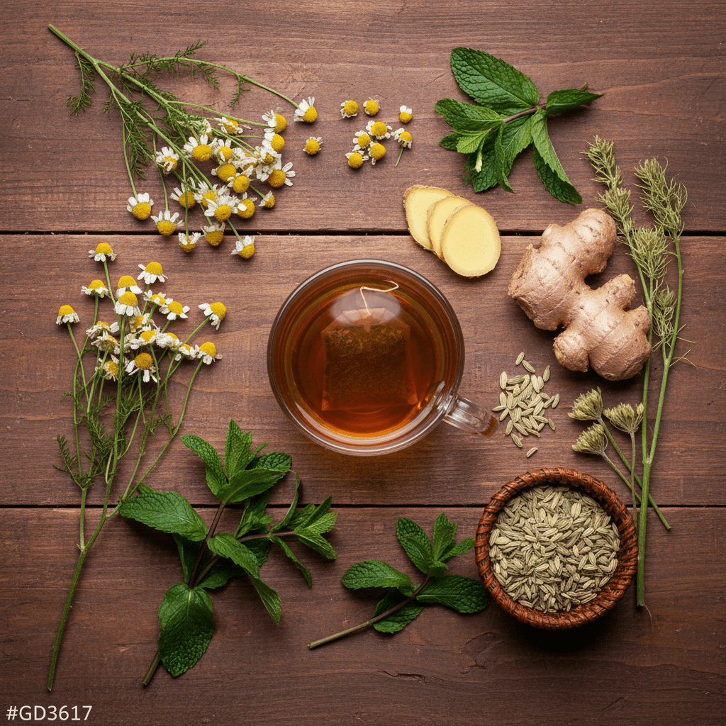 Evening wellness setup with chamomile water, notebook, and herbal ingredients