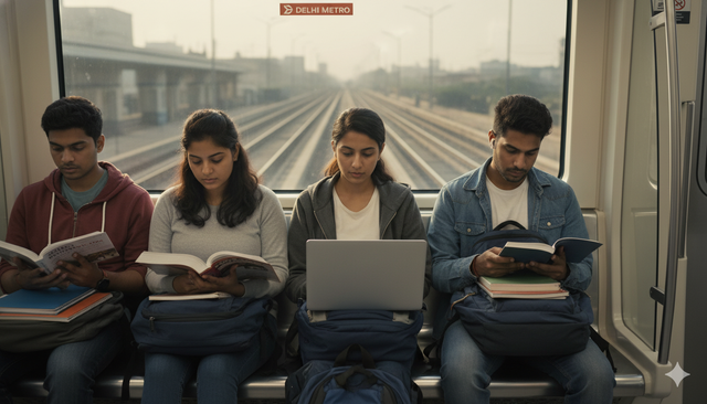 Students using Delhi Metro with books and laptops