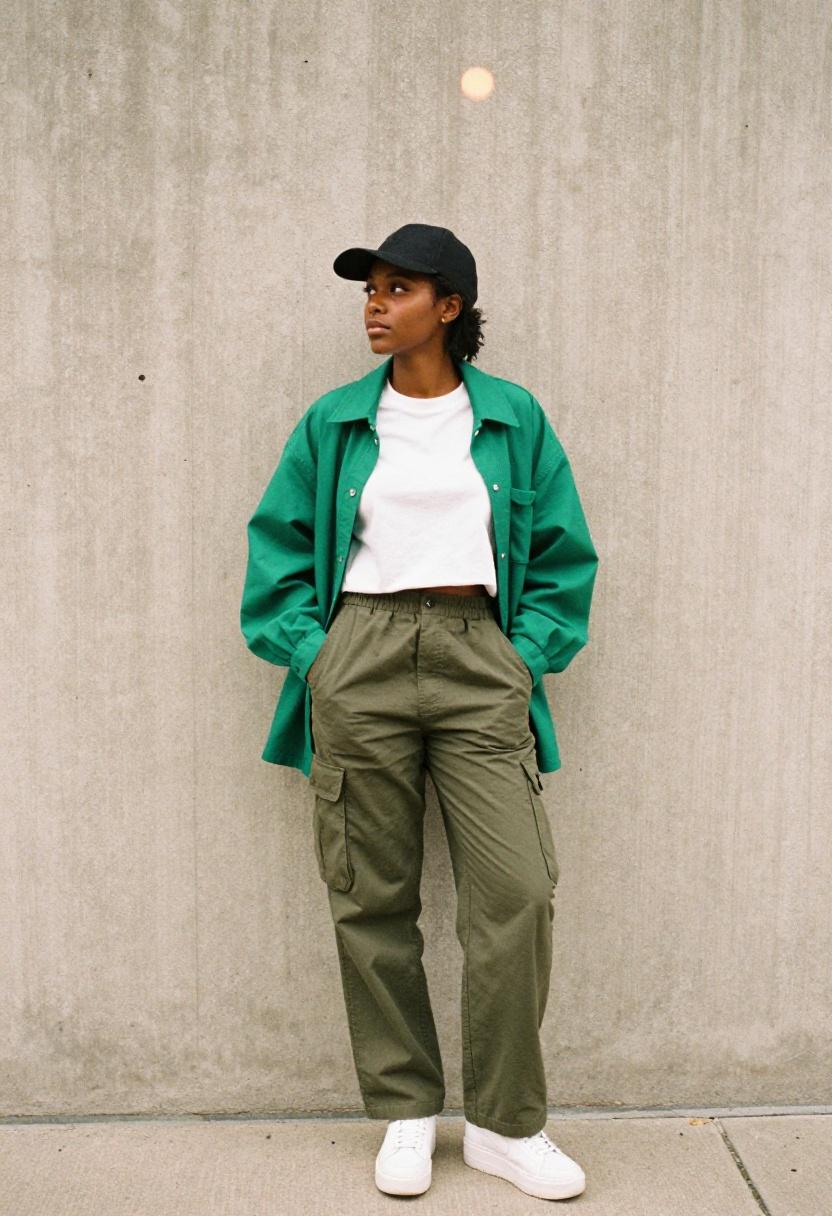 Emerald shacket over graphic tee and cargo trousers for relaxed streetwear spring layering