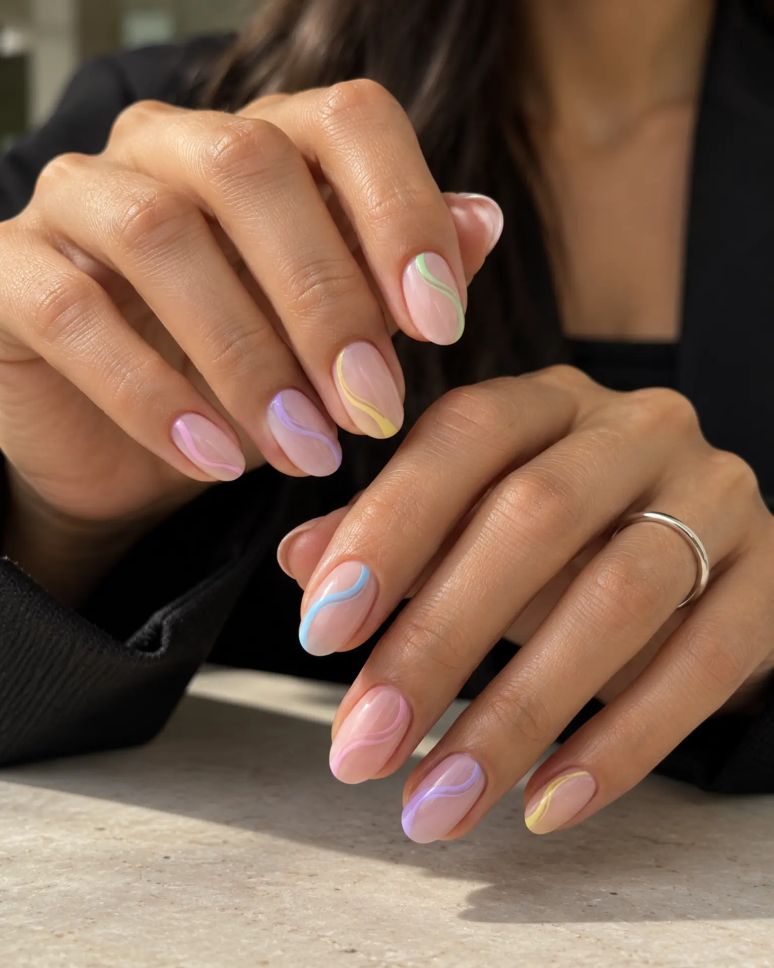 Easter Fine-Line Swirl manicure inspiration for Easter nail ideas
