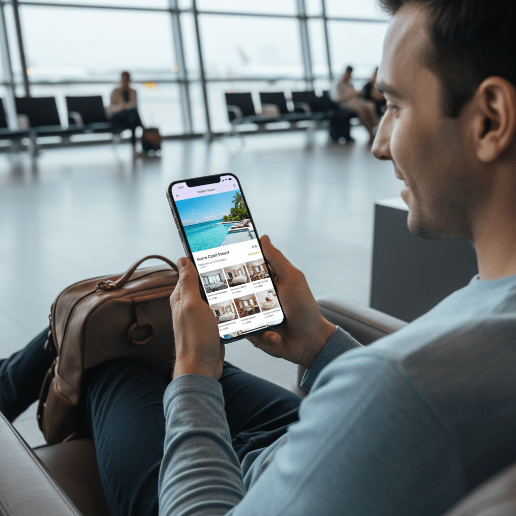Photorealistic traveler browsing a hotel listing on a smartphone with bright room photos and location details