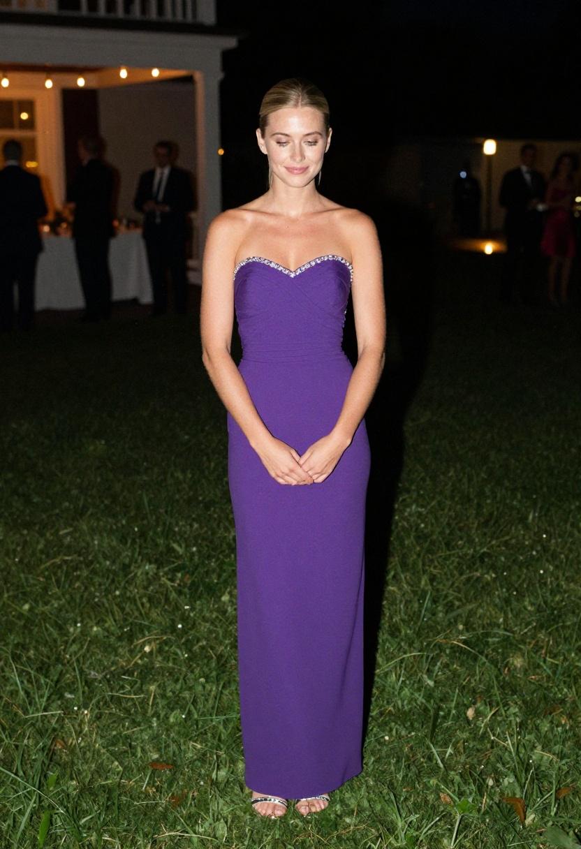 Woman in royal purple trumpet gown with crystal details at a glamorous nighttime outdoor wedding reception