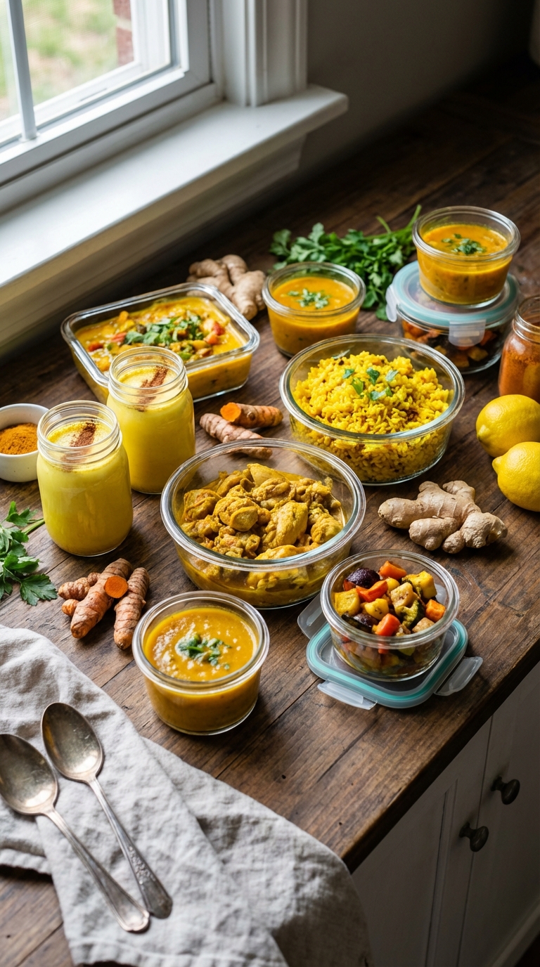 Meal prep glass containers filled with food from turmeric and ginger recipes