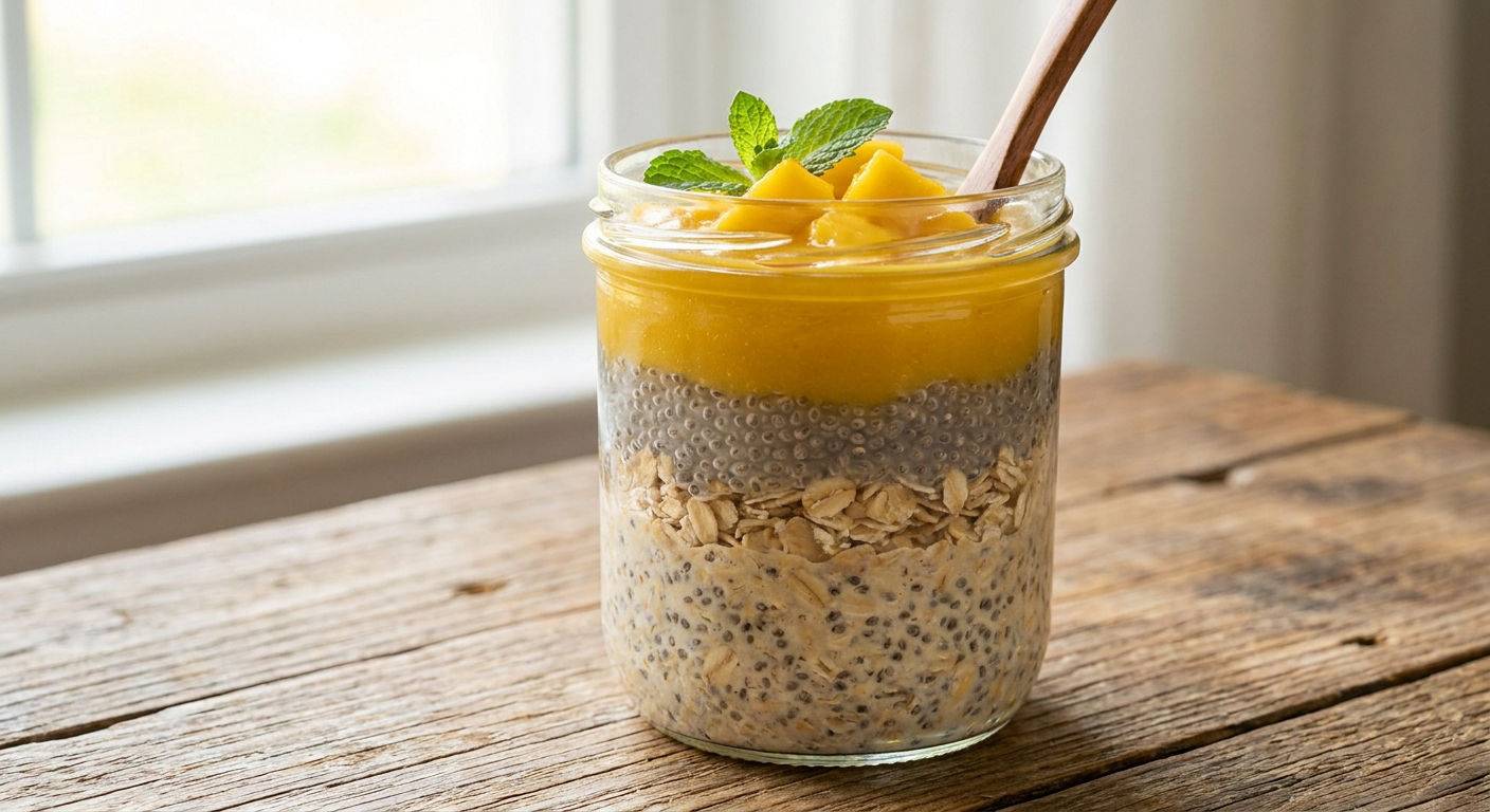 Nocna owsianka z mango i chia w szklanym sloiku.