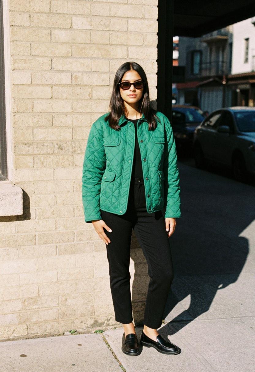 Emerald green quilted jacket with sleek black trousers for urban spring style