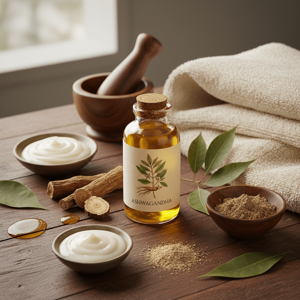 Natural skincare scene with ashwagandha oil and botanical ingredients