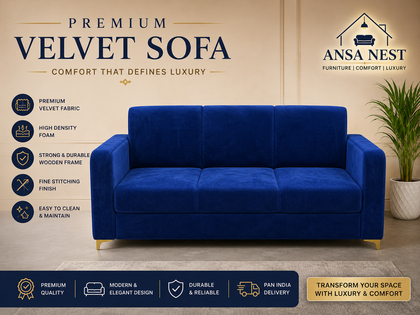 Premium Royal Blue Velvet Sofa