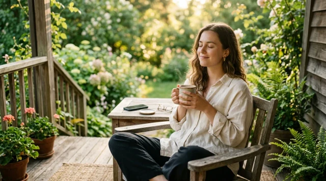 Woman peacefully enjoying tea on sunny porch with phone set aside, calm mood
