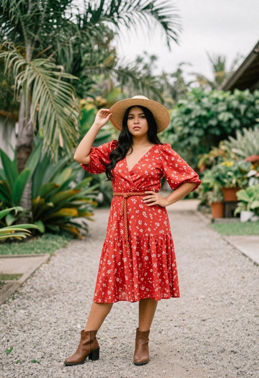 Cherry red wrap dress with voluminous sleeves and wide straw hat for a cottagecore statement