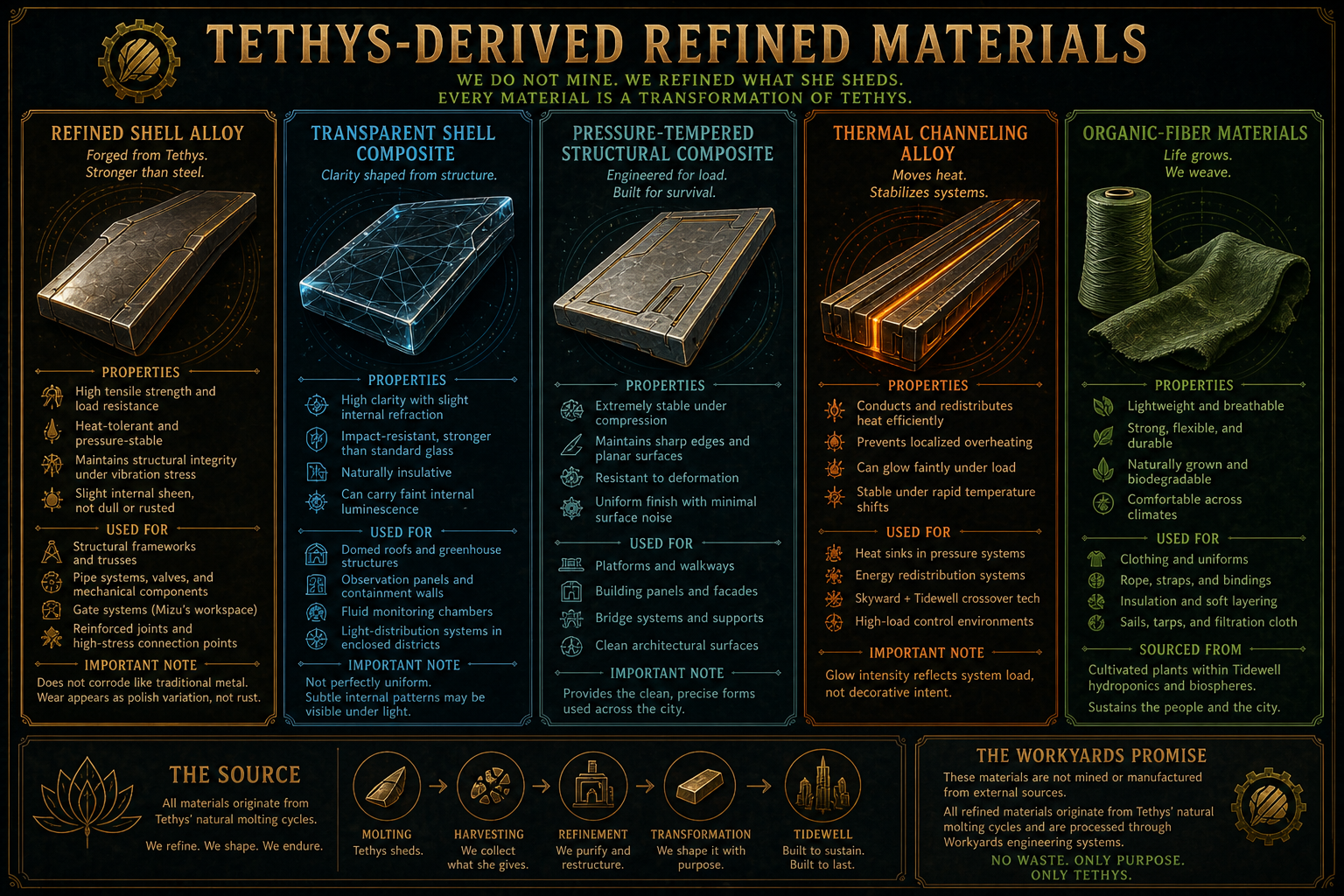 Tethys-derived refined materials chart showing refined shell alloy, transparent shell composite, pressure-tempered structural composite, thermal channeling alloy, and organic-fiber materials.