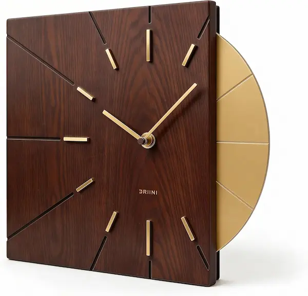 Mid Century Modern Wood Wall Clock with Elegant Gold Accents