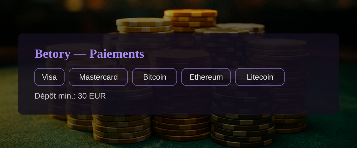 Betory — Paiements: Visa, Mastercard, Bitcoin, Ethereum, Litecoin Betory — Paiements: Visa, Mastercard, Bitcoin, Ethereum, Litecoin