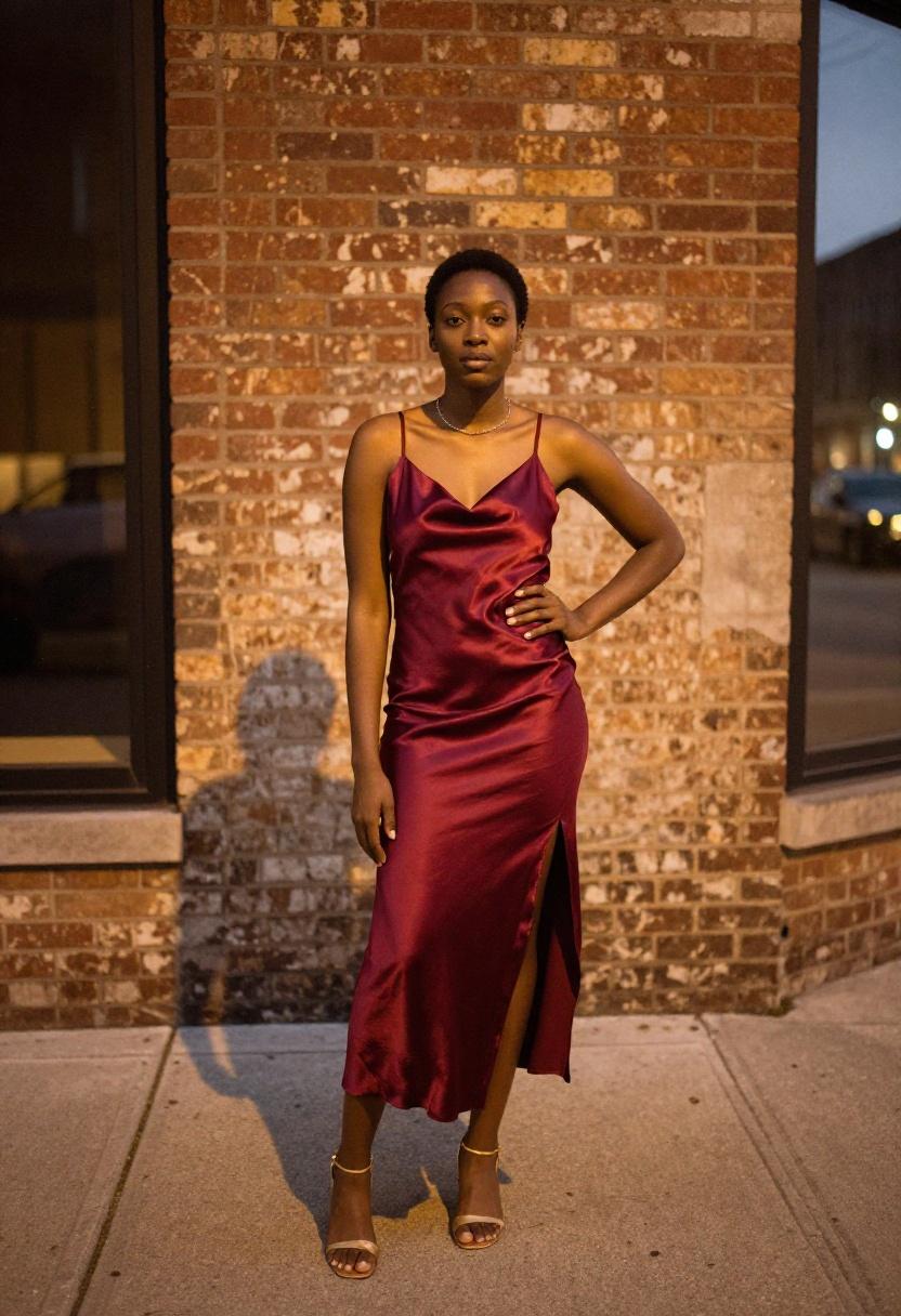 Deep crimson slip dress with a thigh slit bringing moody evening drama to a date night