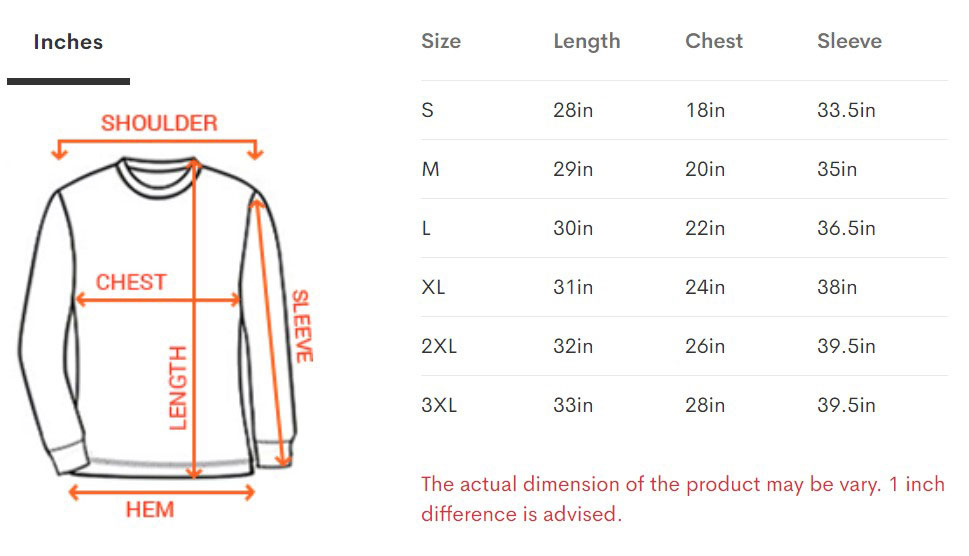 Long Sleeve Size Chart