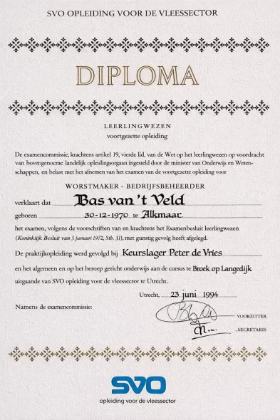 Diploma worstmaker en bedrijfsbeheerder - Ambachtelijke slager - Leerlingwezen voortgezette opleiding voor het Slagersbedrijf - 23-06-1994 - Bas van 't Veld - Vleeskopenbijdeboer.nl