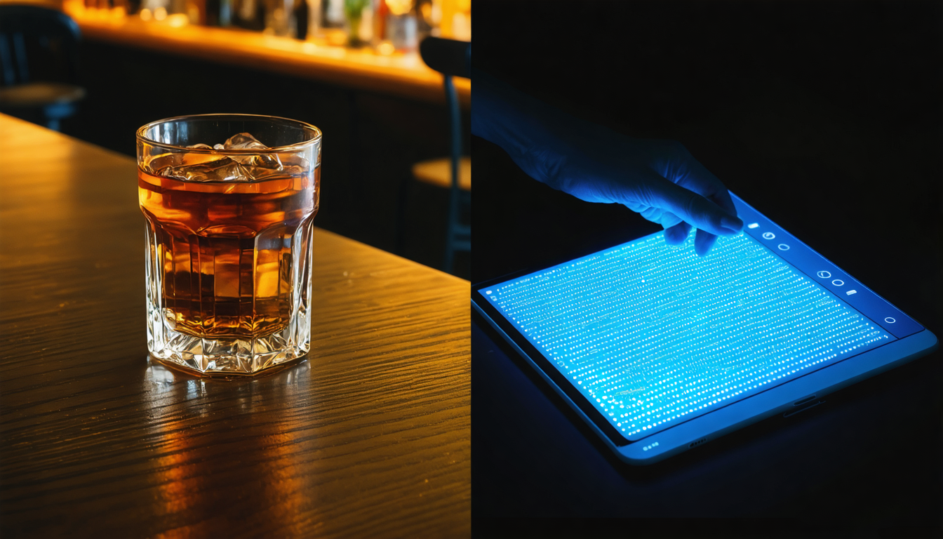 An empty barstool beside a glowing screen — the bartender quit, but the drink keeps pouring itself.