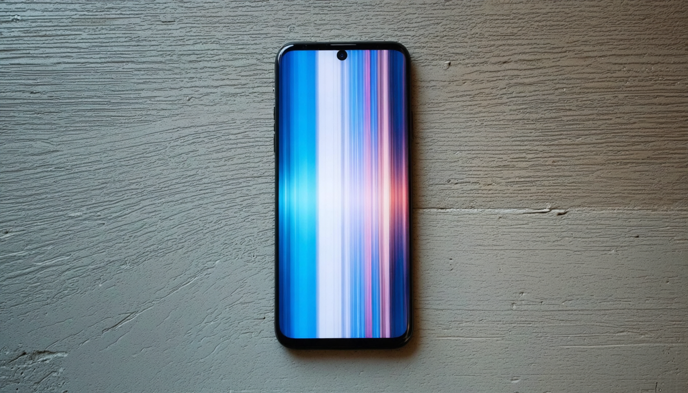 A smartphone lying face-up on a flat surface, screen displaying an endless vertical feed, the glow illuminating the surrounding emptiness.
