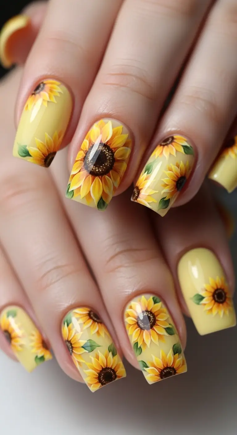 Butter Yellow Sunflower Hand-Painted Square Nails