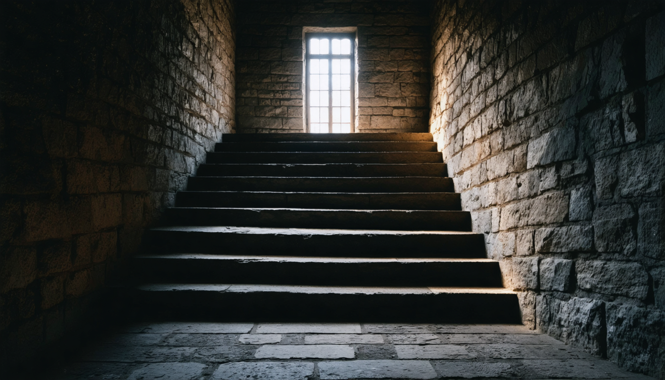 A dim stone staircase descending into shadow, each landing lit by a single cold window.