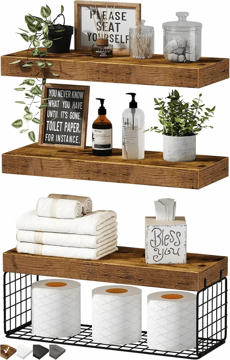 QEEIG Rustic Bathroom Floating Shelves Over Toilet – 3-Pack 16" Farmhouse Storage & Decor