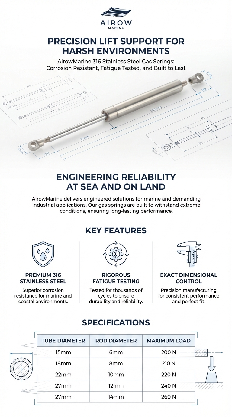 Detailed vertical technical specification sheet for AirowMarine gas springs, highlighting premium 316 stainless steel construction and fatigue testing data.