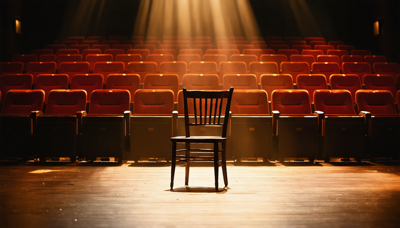 A single empty wooden chair on a bare theatre stage under a warm spotlight, with rows of empty red seats visible in the dim background.