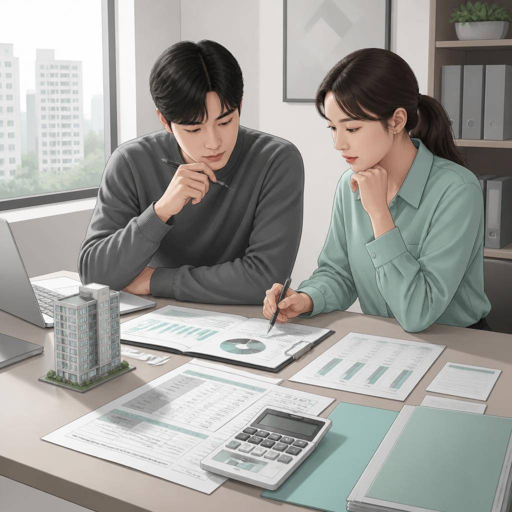 공동주택 지분과 대출 상환표를 놓고 두 사람이 매도 시나리오와 정산 금액을 검토하는 모습,