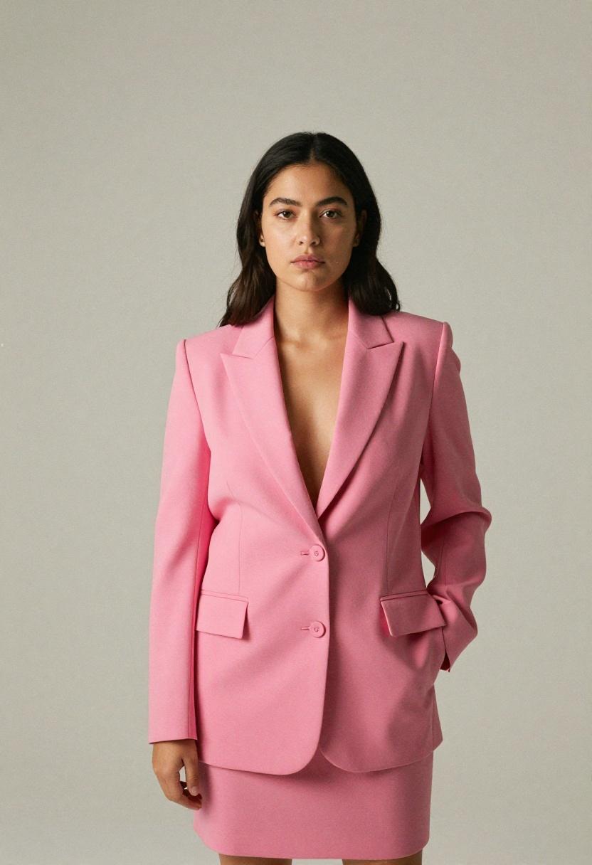 Fuchsia plus size blazer dress in clean studio editorial setup showing bold color professional power