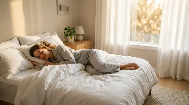 Person sleeping peacefully in sunlit modern bedroom with white linens, tranquil mood