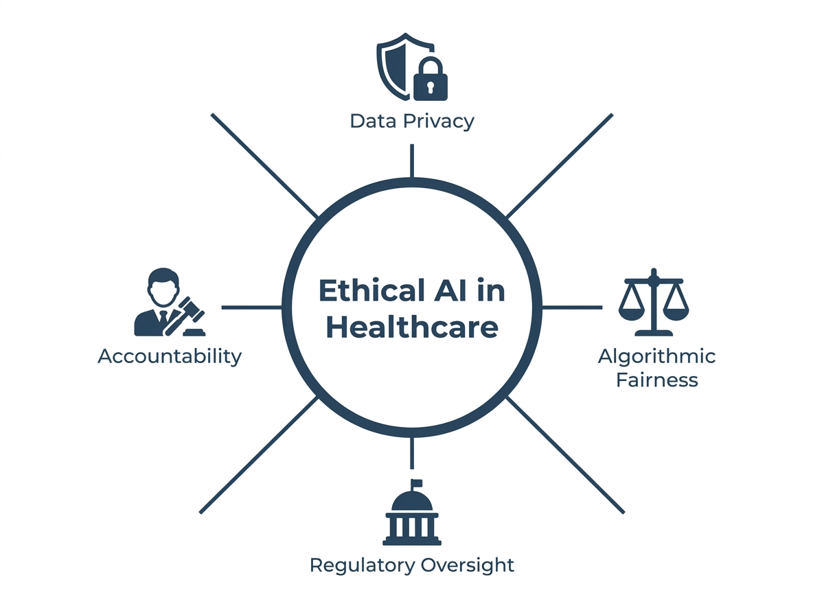 Diagram of the ethical considerations in healthcare AI, including data privacy, algorithmic fairness, regulatory oversight, and accountability.