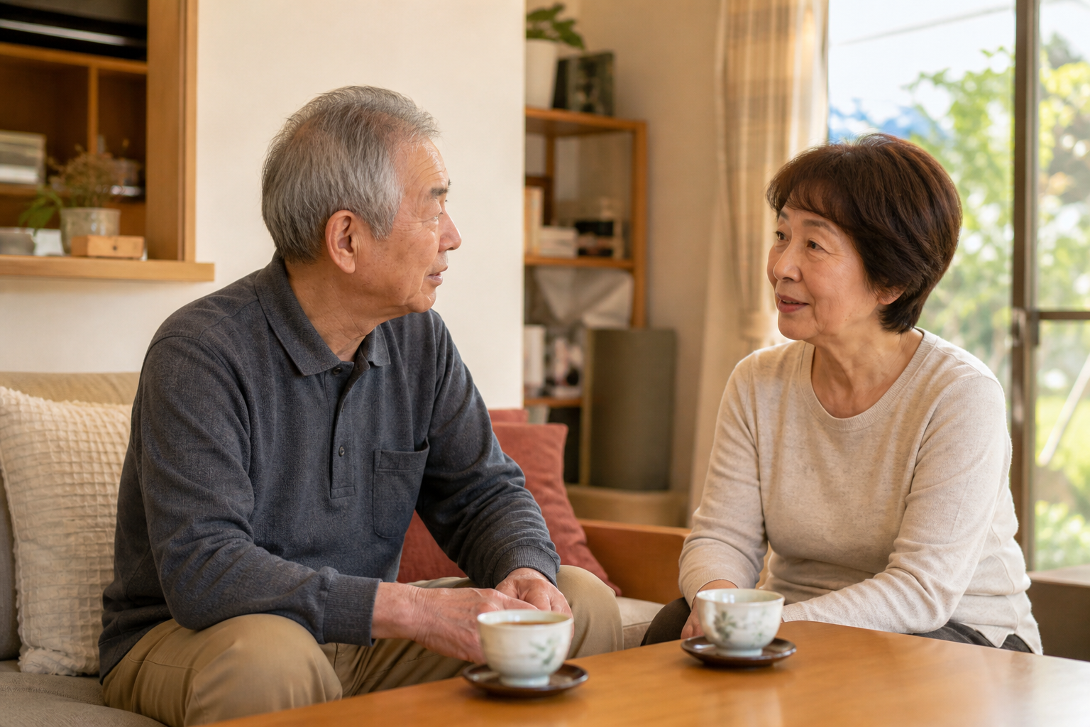 パーキンソン病のある高齢者が自宅で家族と落ち着いて会話する様子